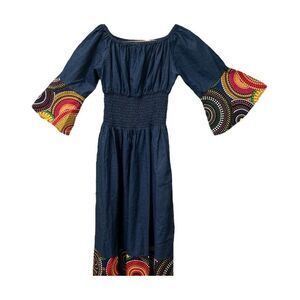 African Ankara Print Denim Smocking Off-Shoulder Dress‎ - One Size